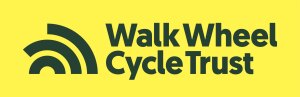 Logo of the Walk Wheel Cycle Trust. Yellow background with dark green font, next to 3 semi circle lines. 